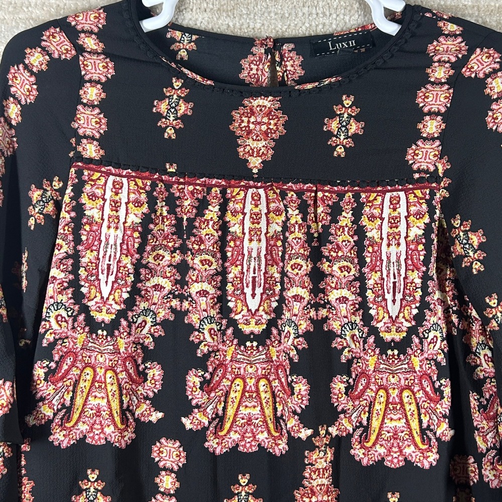 Lux II Womens Boho Paisley Tiered Bell Sleeve Tunic Shift Dress Black Size 4